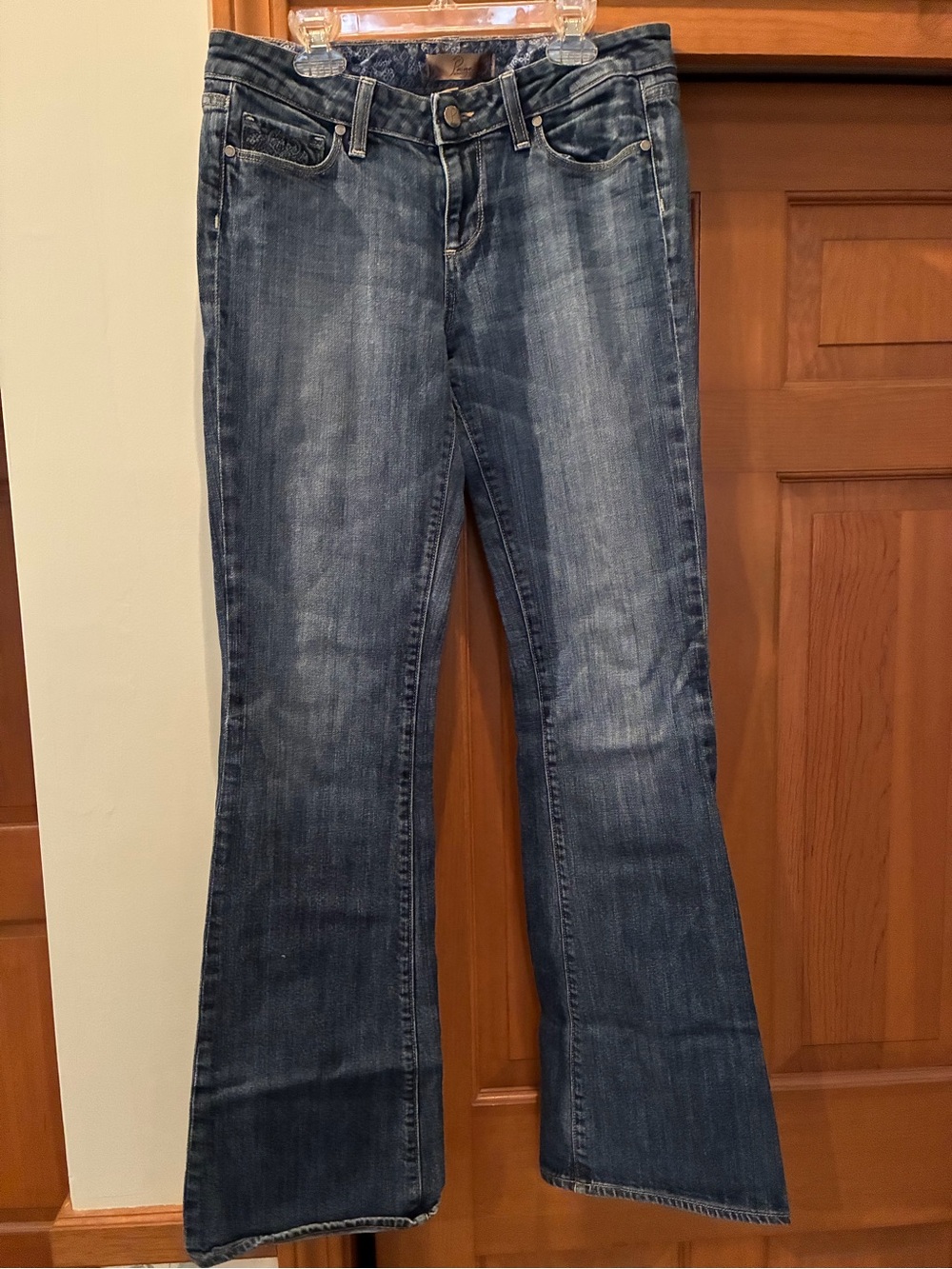 PAIGE Women's Blue Boot Cut Jeans with Patterned Waistband 29x31.5